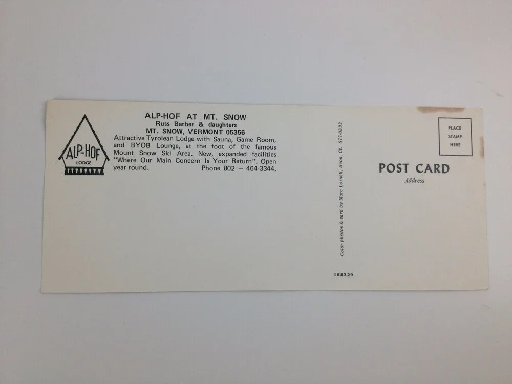 VTG Post Card Alp-Hof Lodge Mt Snow Pool Vermont Woman Sunbathing 70s Resort